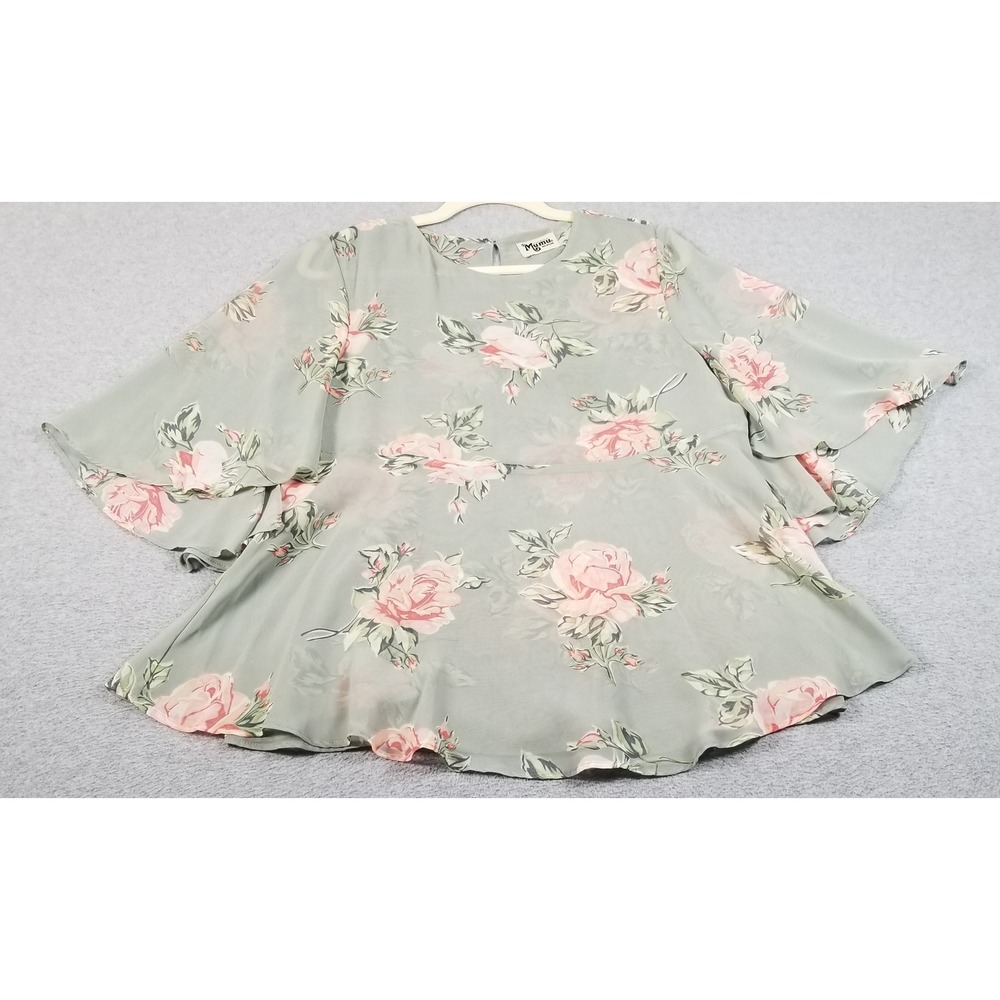 Show Me Your Mumu Ingrid Top Women M Medium Green Pink Floral Sheer Bell Sleeve